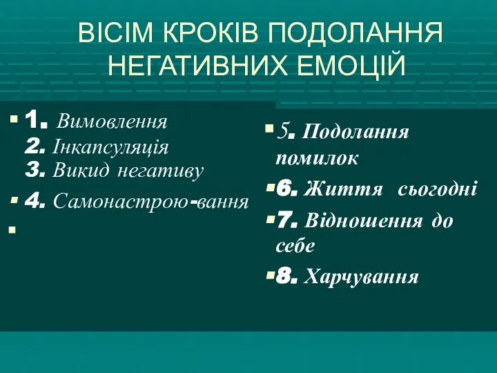 ВІСІМ КРОКІВ ПОДОЛАННЯ НЕГАТИВНИХ ЕМОЦІЙ 1. Вимовлення 2. Інкапсуляція 3. Викид негативу