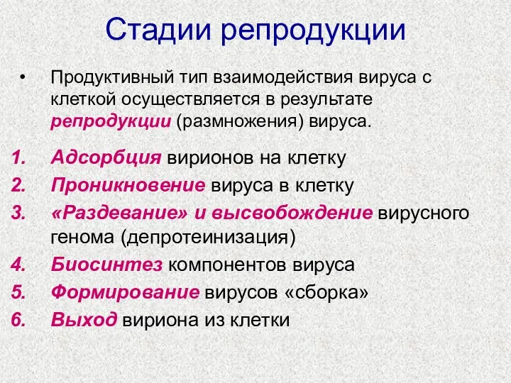 Стадии репродукции Продуктивный тип взаимодействия вируса с клеткой осуществляется в результате репродукции