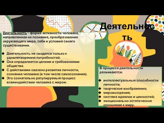 Деятельность Деятельность – форма активности человека, направленная на познание, преобразование окружающего мира,