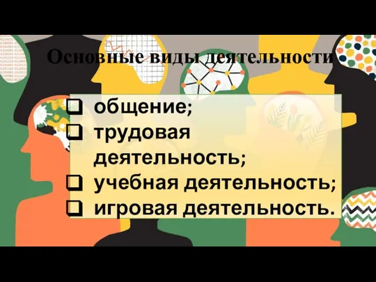 Основные виды деятельности общение; трудовая деятельность; учебная деятельность; игровая деятельность.