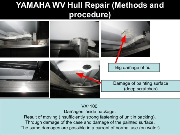 YAMAHA WV Hull Repair (Methods and procedure) VX1100. Damages inside package. Result