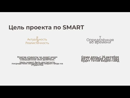 Цель проекта по SMART R Актуальность и Реалистичность T Определённая во времени