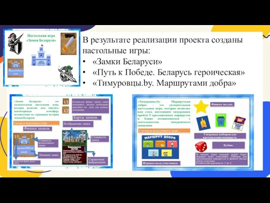 В результате реализации проекта созданы настольные игры: • «Замки Беларуси» • «Путь