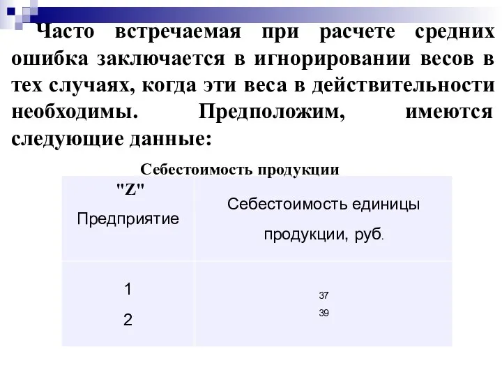 Часто встречаемая при расчете средних ошибка заключается в игнорировании весов в тех