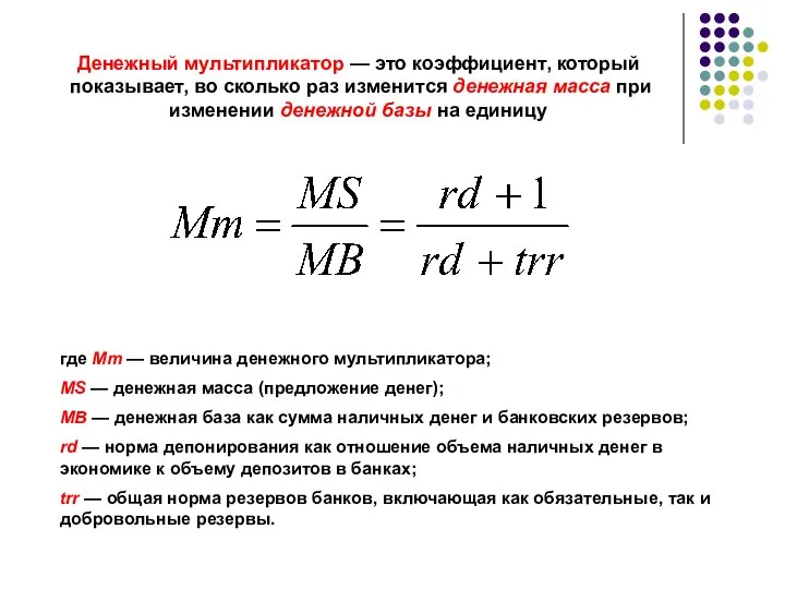 Денежный мультипликатор — это коэффициент, который показывает, во сколько раз изменится денежная