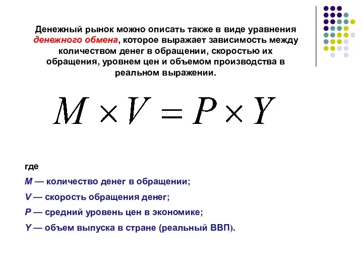 Денежный рынок можно описать также в виде уравнения денежного обмена, которое выражает