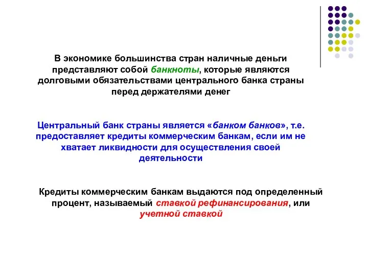 Центральный банк страны является «банком банков», т.е. предоставляет кредиты коммерческим банкам, если