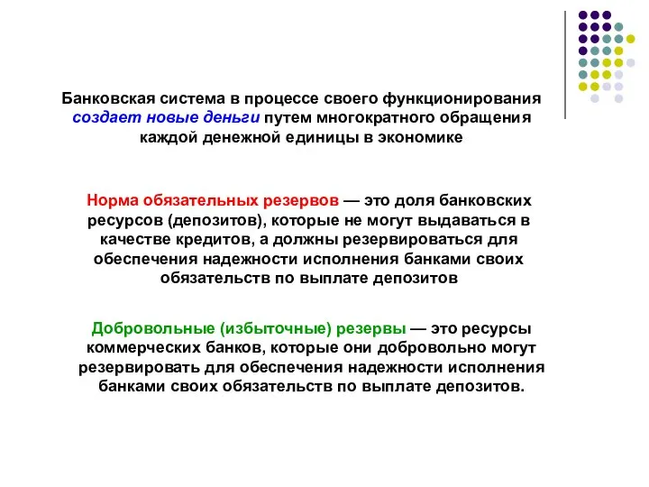 Банковская система в процессе своего функционирования создает новые деньги путем многократного обращения