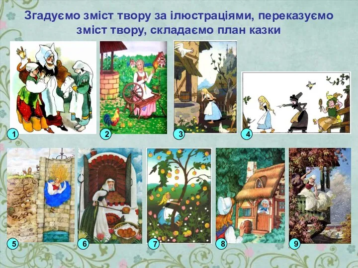 Згадуємо зміст твору за ілюстраціями, переказуємо зміст твору, складаємо план казки 1