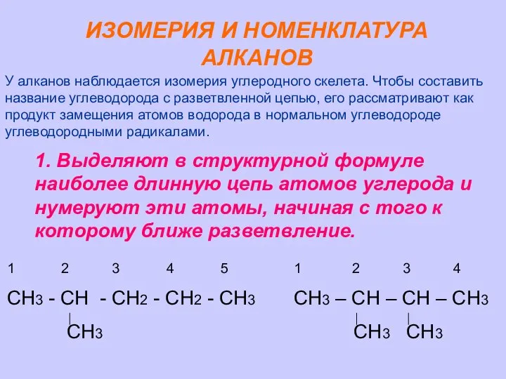 ИЗОМЕРИЯ И НОМЕНКЛАТУРА АЛКАНОВ У алканов наблюдается изомерия углеродного скелета. Чтобы составить