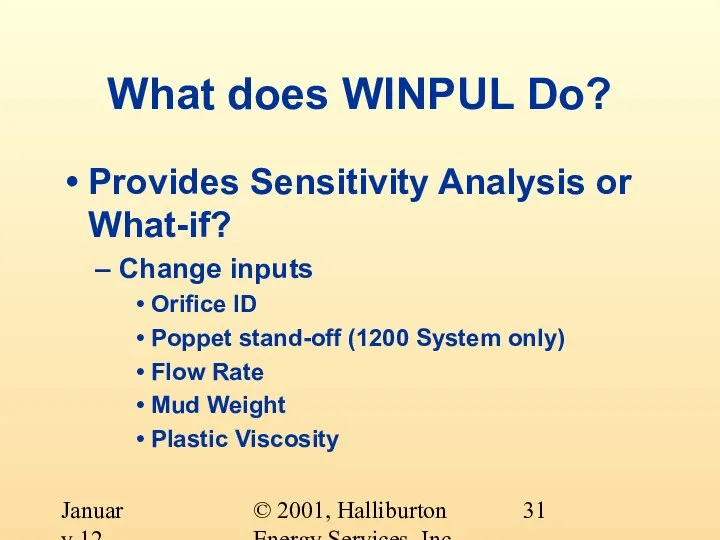 © 2001, Halliburton Energy Services, Inc. January 12, 2001 What does WINPUL