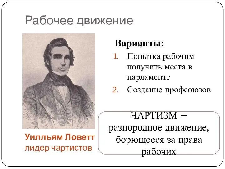 Рабочее движение Варианты: Попытка рабочим получить места в парламенте Создание профсоюзов Уилльям