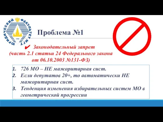 Законодательный запрет (часть 2.1 статьи 24 Федерального закона от 06.10.2003 №131-ФЗ) Проблема