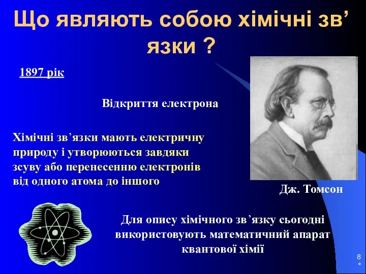 * Що являють собою хімічні зв’язки ? 1897 рік Відкриття електрона Дж.