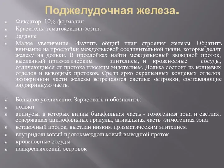 Поджелудочная железа. Фиксатор: 10% формалин. Краситель: гематоксилин-эозин. Задание Малое увеличение: Изучить общий