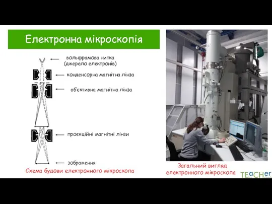 Електронна мікроскопія вольфрамова нитка (джерело електронів) конденсорна магнітна лінза oб’єктивна магнітна лінза