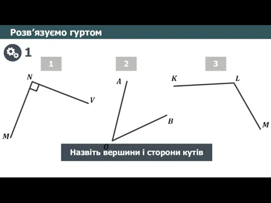 Розв’язуємо гуртом 1 Назвіть вершини і сторони кутів 1 2 3