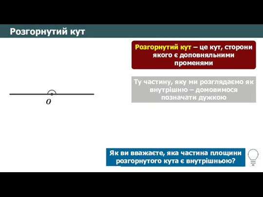 Розгорнутий кут Які геометричні фігури зображено на рисунку? Розгорнутий кут – це