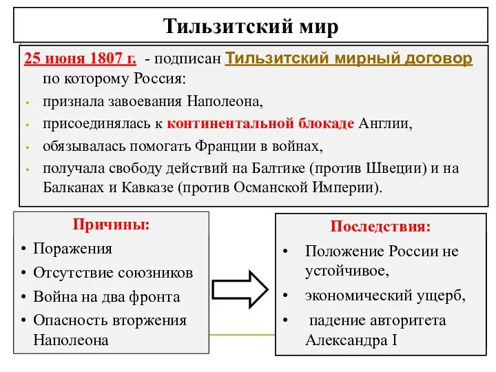 25 июня 1807 г. - подписан Тильзитский мирный договор по которому Россия: