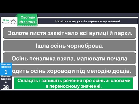 09.10.2022 Сьогодні Назвіть слова, ужиті в переносному значенні. Золоте листя заквітчало всі