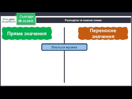 09.10.2022 Сьогодні Розподіли та поясни слова. Пряме значення Переносне значення Солодкий цукор