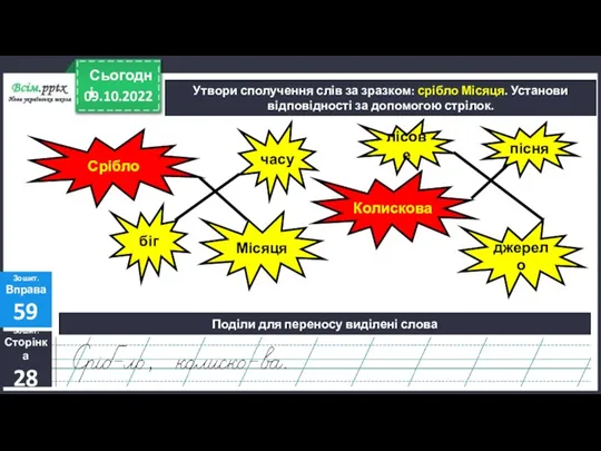 09.10.2022 Сьогодні Утвори сполучення слів за зразком: срібло Місяця. Установи відповідності за