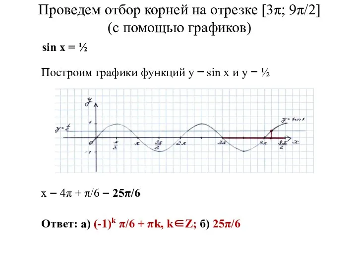 Проведем отбор корней на отрезке [3π; 9π/2] (с помощью графиков) x =