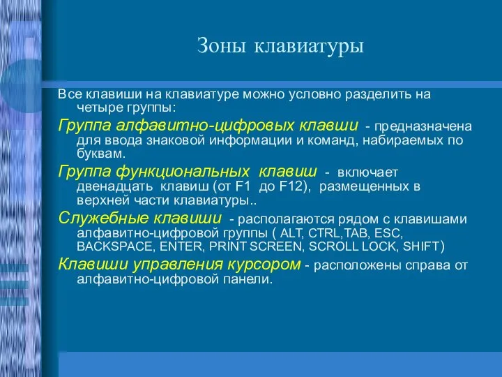 Зоны клавиатуры Все клавиши на клавиатуре можно условно разделить на четыре группы: