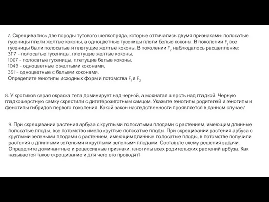 7. Скрещивались две породы тутового шелкопряда, которые отличались двумя признаками: полосатые гусеницы