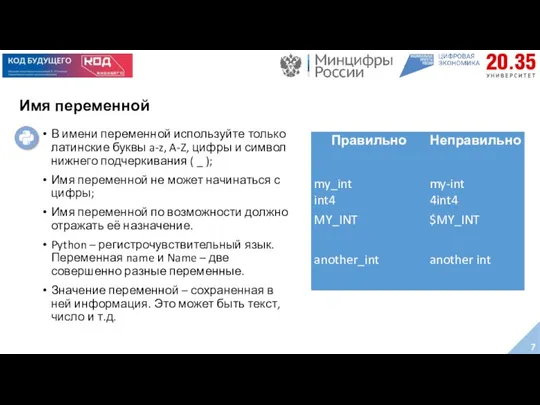 Имя переменной В имени переменной используйте только латинские буквы a-z, A-Z, цифры