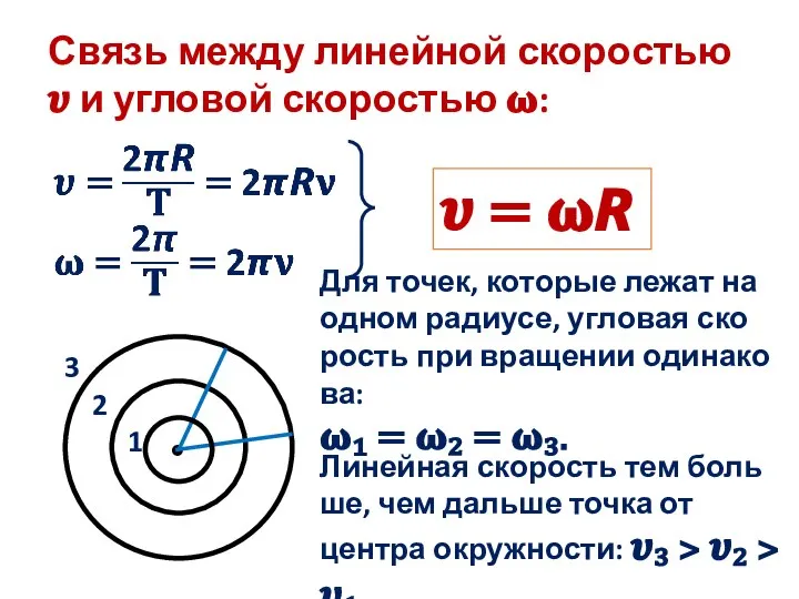 Связь между линейной скоростью ? и угловой скоростью ?: ? = ??