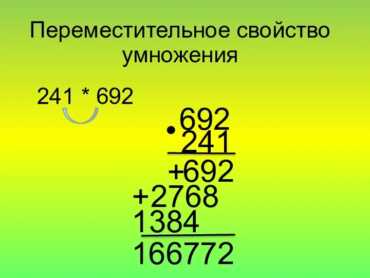 Переместительное свойство умножения 241 * 692 692 241 692 + 2768 + 1384 166772