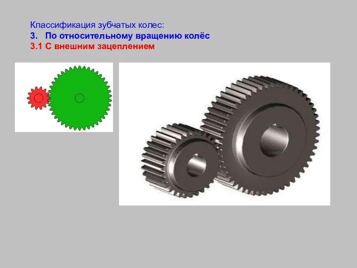 Классификация зубчатых колес: 3. По относительному вращению колёс 3.1 С внешним зацеплением