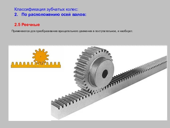 Классификация зубчатых колес: 2. По расположению осей валов: 2.5 Реечные Применяются для