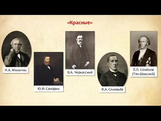 «Красные» Н.А. Милютин Ю.Ф. Самарин В.А. Черкасский Я.А. Соловьёв П.П. Семёнов (Тян-Шанский)