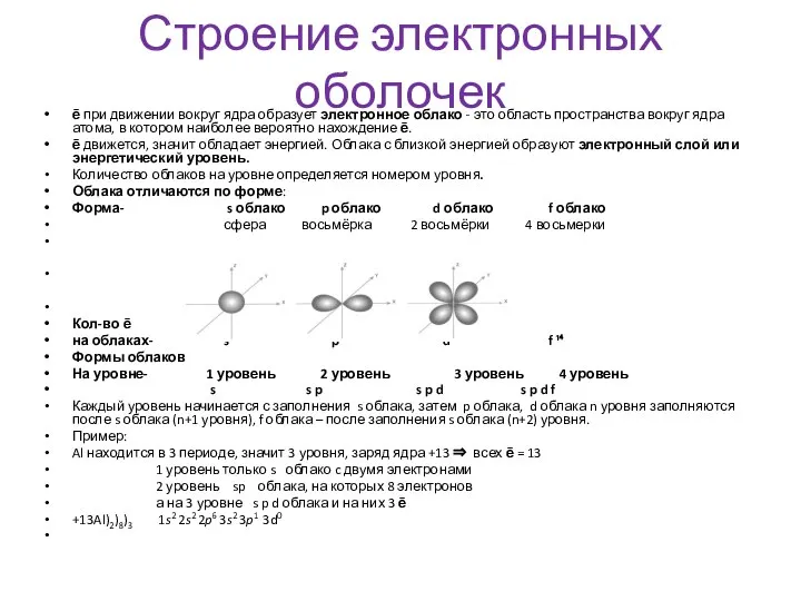 Строение электронных оболочек ē при движении вокруг ядра образует электронное облако -