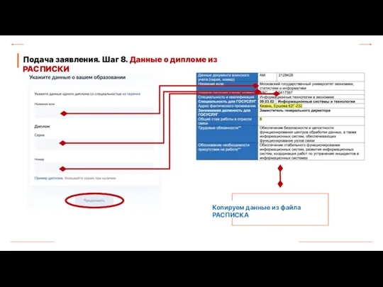 Подача заявления. Шаг 8. Данные о дипломе из РАСПИСКИ Копируем данные из файла РАСПИСКА