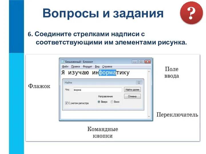 Вопросы и задания ? 6. Соедините стрелками надписи с соответствующими им элементами рисунка.