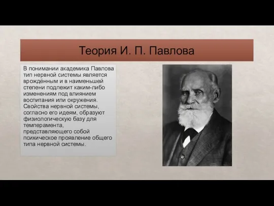 Теория И. П. Павлова В понимании академика Павлова тип нервной системы является