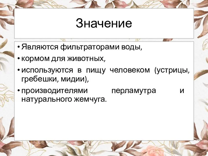 Значение Являются фильтраторами воды, кормом для животных, используются в пищу человеком (устрицы,