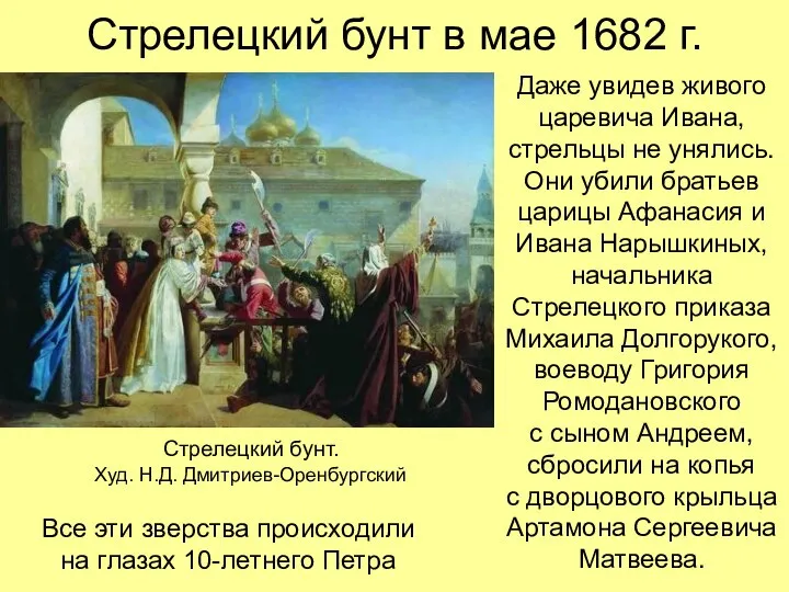 Стрелецкий бунт в мае 1682 г. Даже увидев живого царевича Ивана, стрельцы