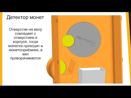 Детектор монет Отверстие на валу совпадает с отверстием в корпусе, тогда монетка