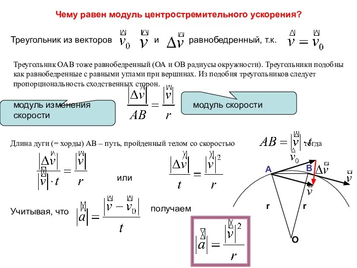 Чему равен модуль центростремительного ускорения? Треугольник из векторов и равнобедренный, т.к. Треугольник