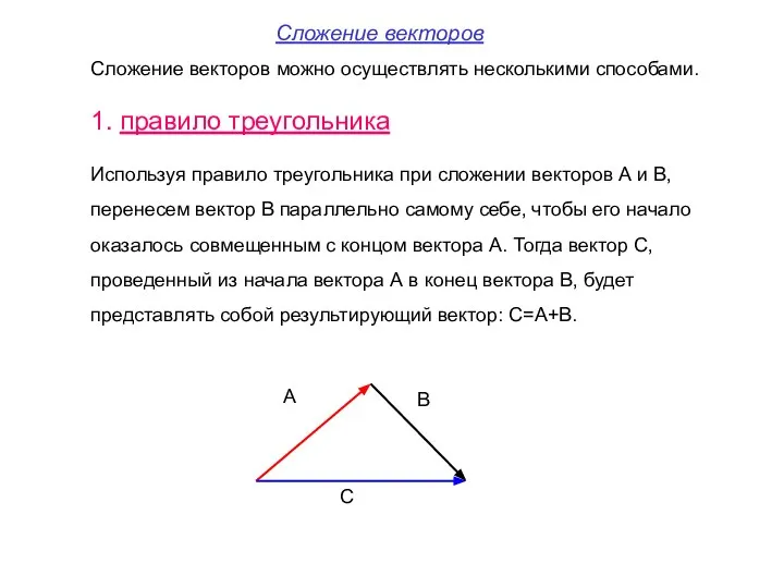 Сложение векторов можно осуществлять несколькими способами. 1. правило треугольника Используя правило треугольника