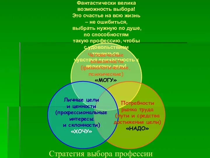 Стратегия выбора профессии Человеческие возможности (физиологические,психические) «МОГУ» Потребности рынка труда (пути и