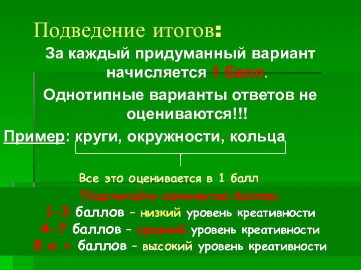 Подведение итогов: За каждый придуманный вариант начисляется 1 балл. Однотипные варианты ответов