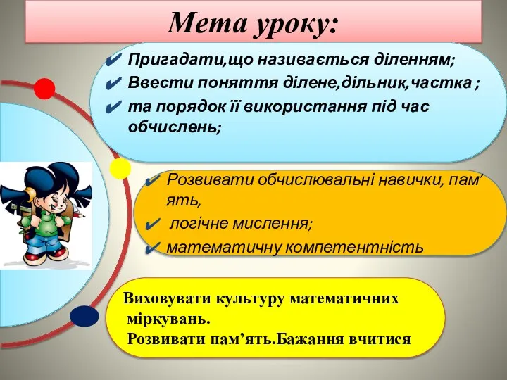 Розвивати обчислювальні навички, пам’ять, логічне мислення; математичну компетентність Мета уроку: Пригадати,що називається