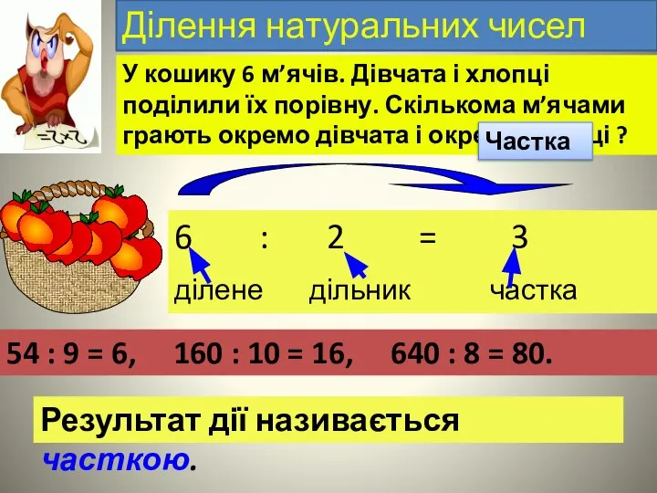 Ділення натуральних чисел У кошику 6 м’ячів. Дівчата і хлопці поділили їх