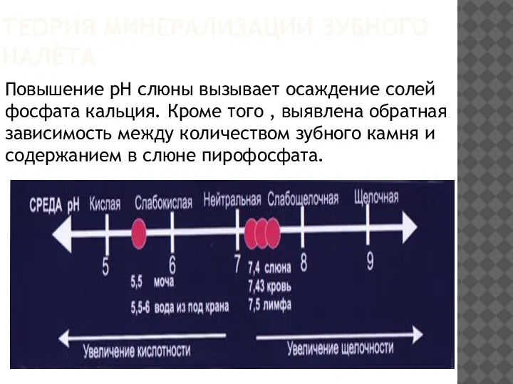 ТЕОРИЯ МИНЕРАЛИЗАЦИИ ЗУБНОГО НАЛЁТА Повышение рН слюны вызывает осаждение солей фосфата кальция.