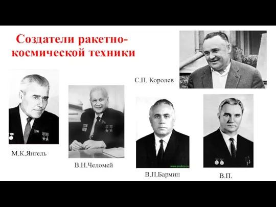 Создатели ракетно-космической техники В.П.Глушко В.Н.Челомей М.К.Янгель В.П.Бармин С.П. Королев